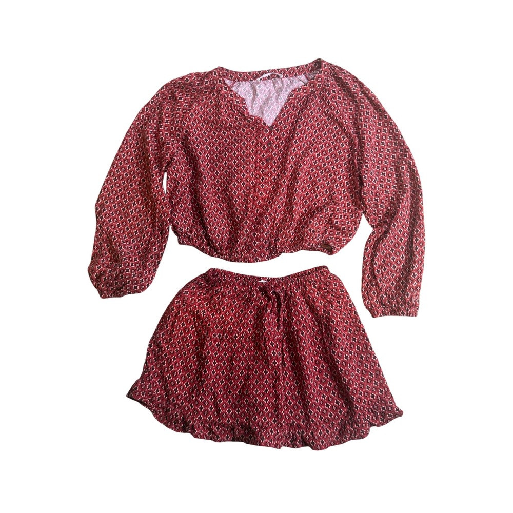 Zara Girls Red Geometric Diamond Print TwoPiece Set Crop Top Ruffle Shorts 13-14